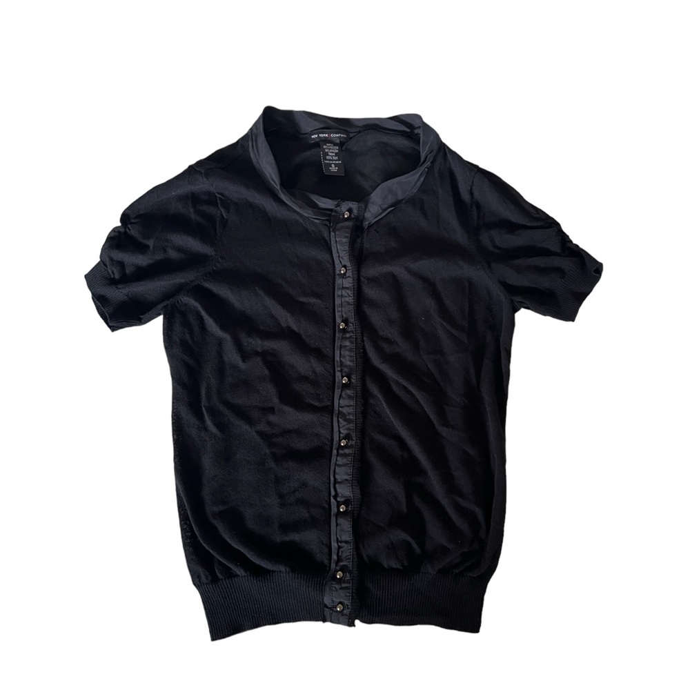 New York & Company Semi-Sheer Silk Trimmed Short Sleeve Cardigan